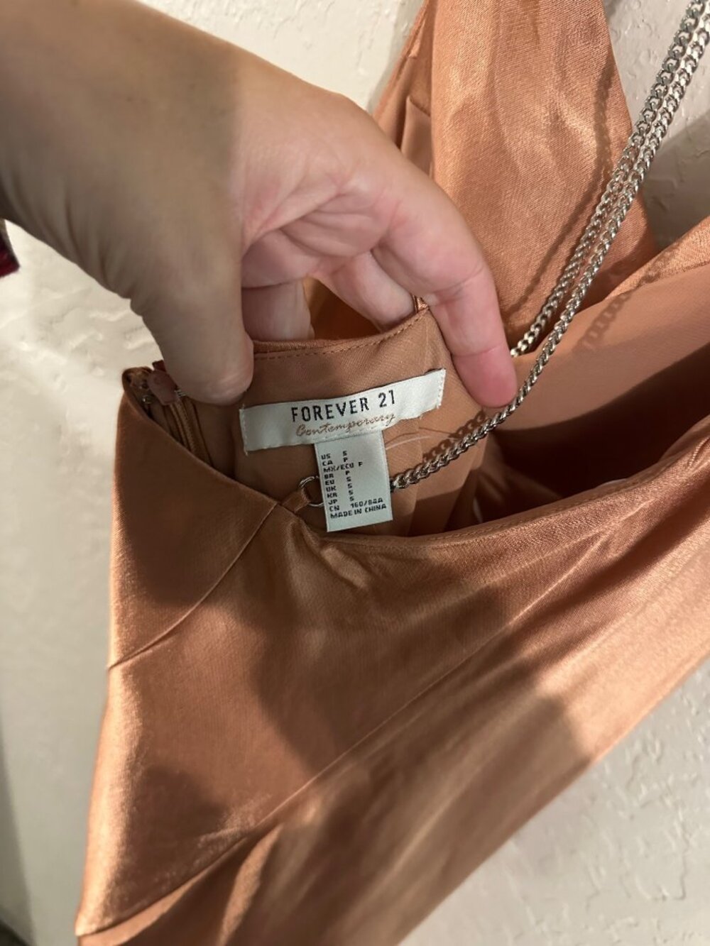NWT Rose Gold Cowl Neck Satin Metal Chain Mini Cocktail Dress - Picture 11 of 13